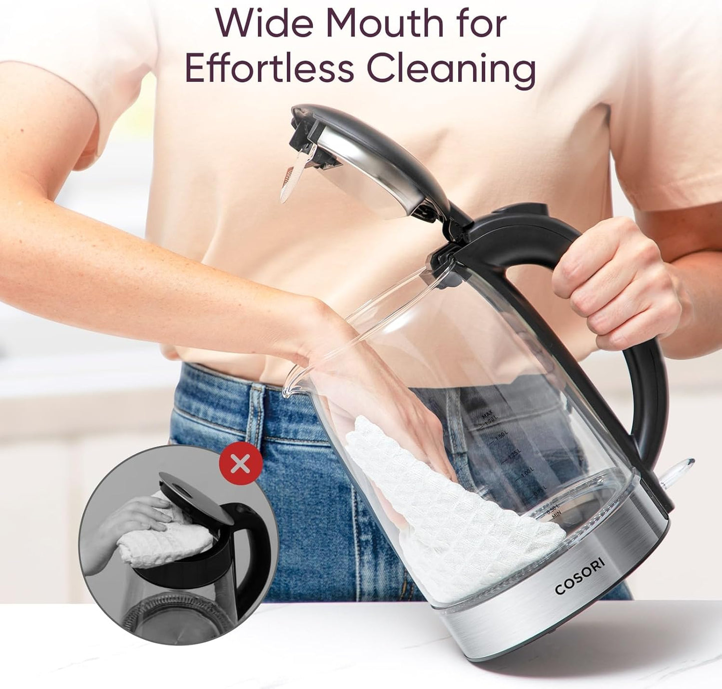 Electric Kettle, No Plastic Filter & Spout, 1.7L Tea Kettle & Hot Water Boiler for Coffee & Tea, Water Heater & Teapot, Automatic Shut Off, Borosilicate Glass, Black, 1500W