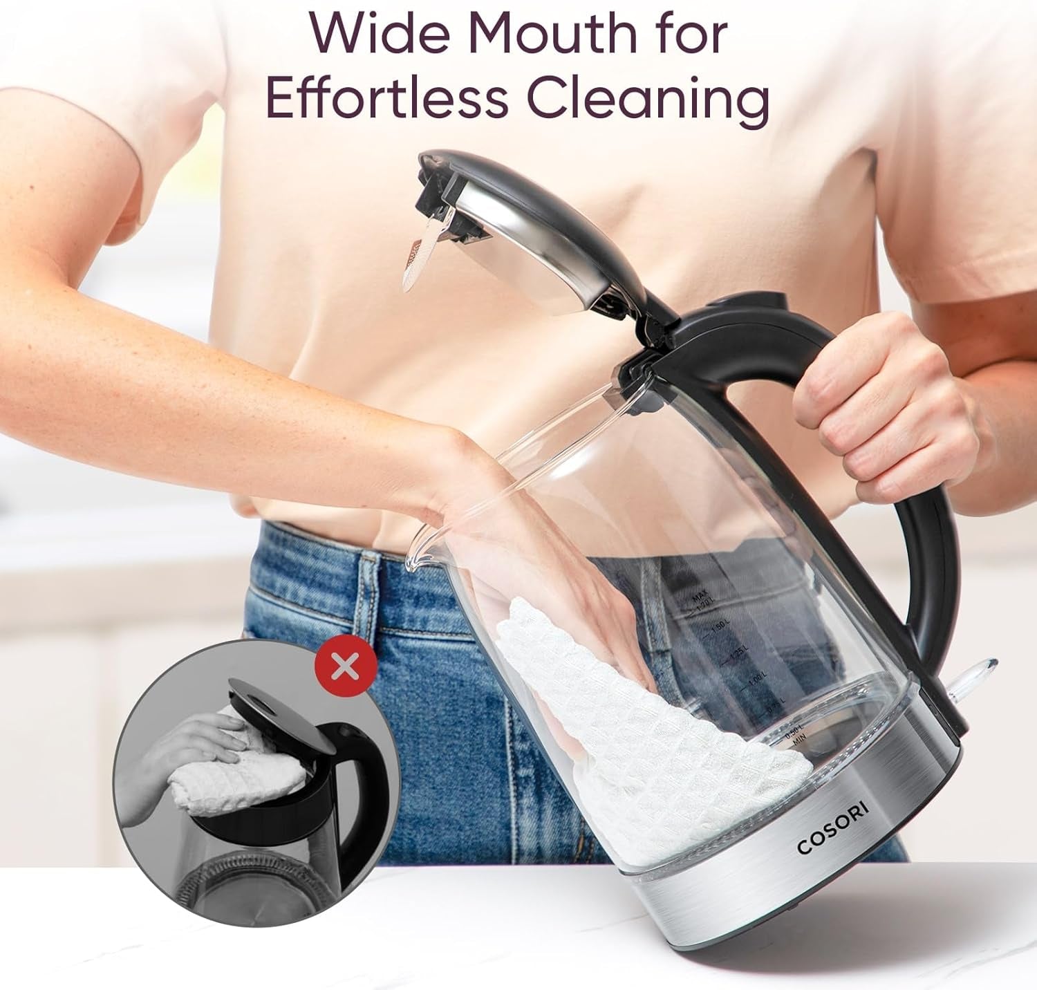 Electric Kettle, No Plastic Filter & Spout, 1.7L Tea Kettle & Hot Water Boiler for Coffee & Tea, Water Heater & Teapot, Automatic Shut Off, Borosilicate Glass, Black, 1500W