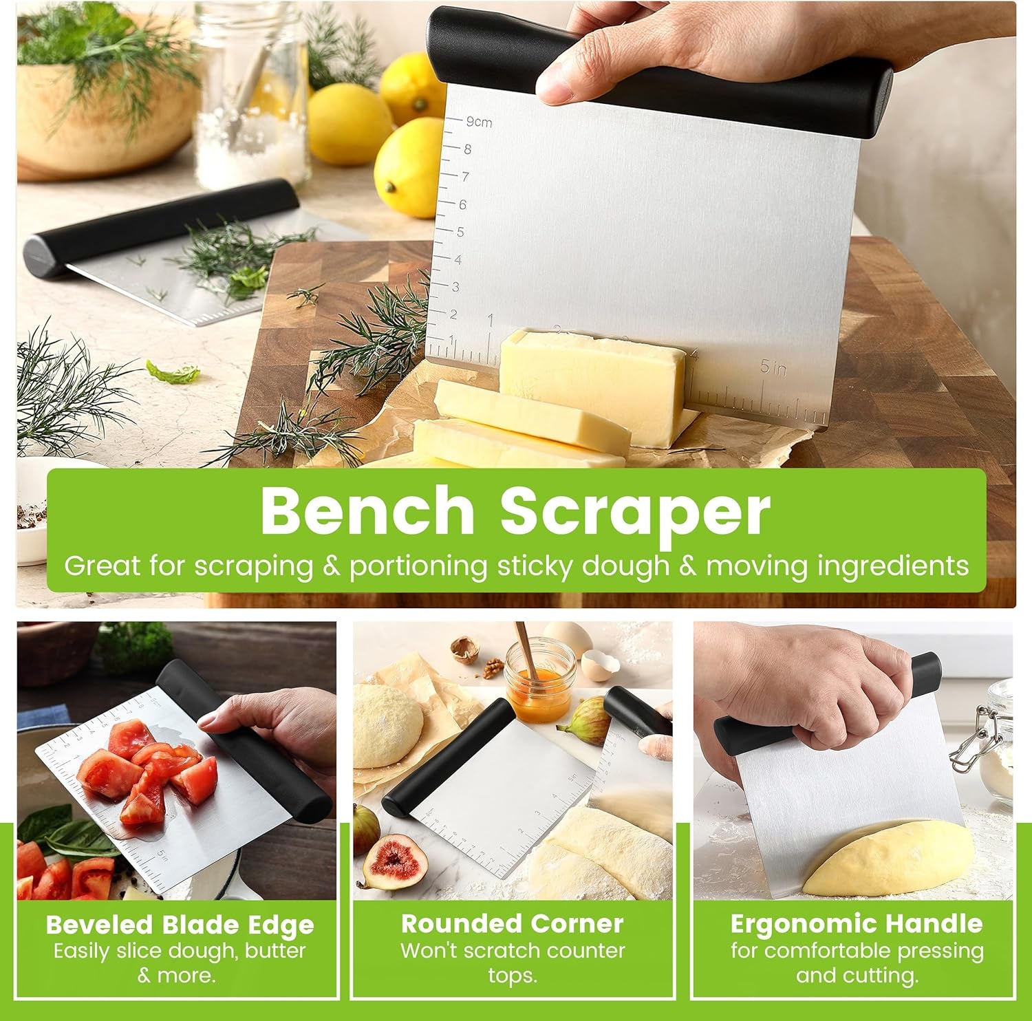 Dough Blender & Pastry Cutter Tool, Stainless Steel Pastry Blender & Bench Scraper for Pizza, Nut, Pie - Multipurpose Dough Cutter & Scraper Tool for Baking with Soft Grip Handles - Black